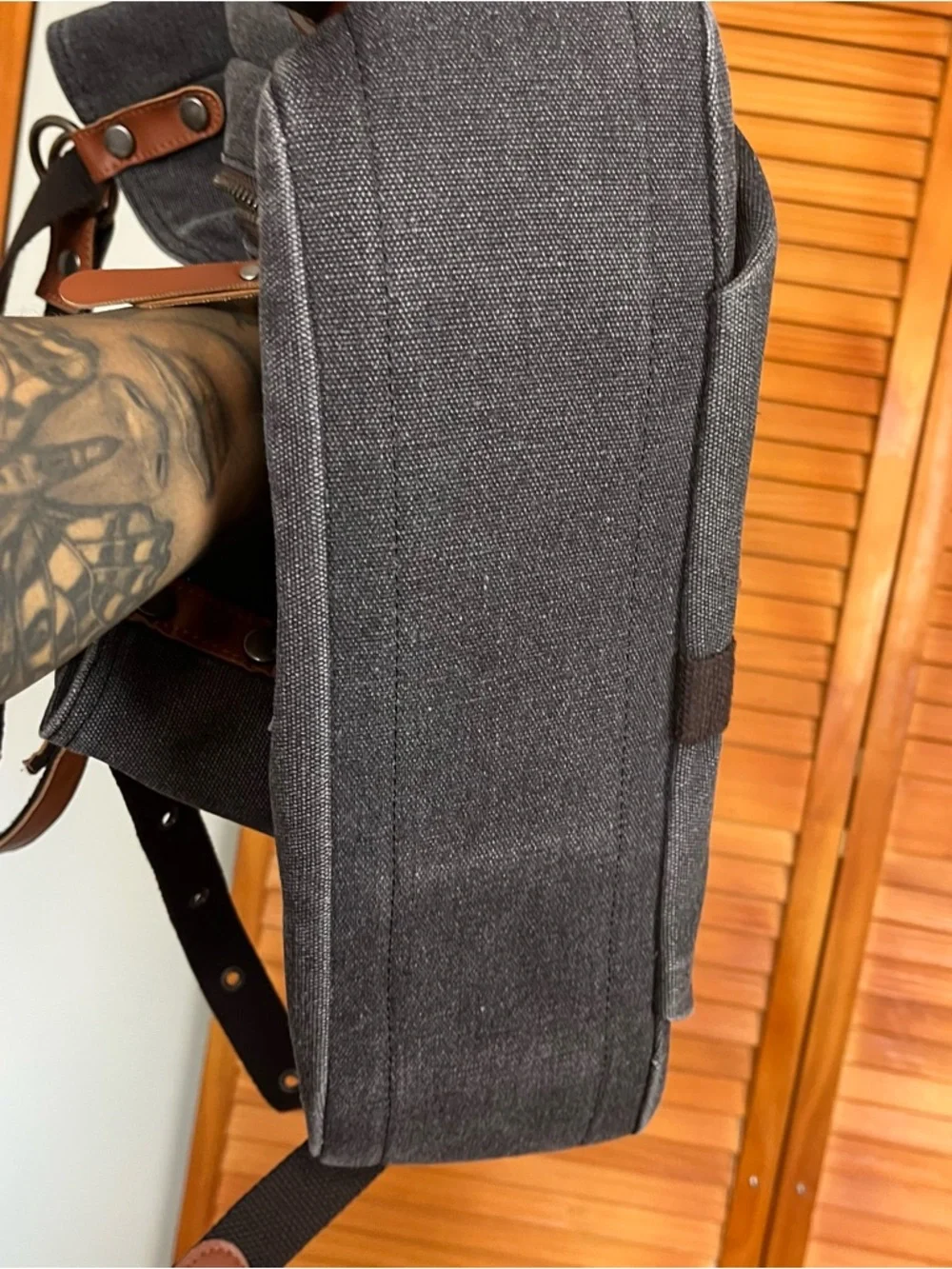 Shangri-LA Casual Charcoal Canvas Messenger Bag with Leather Trim